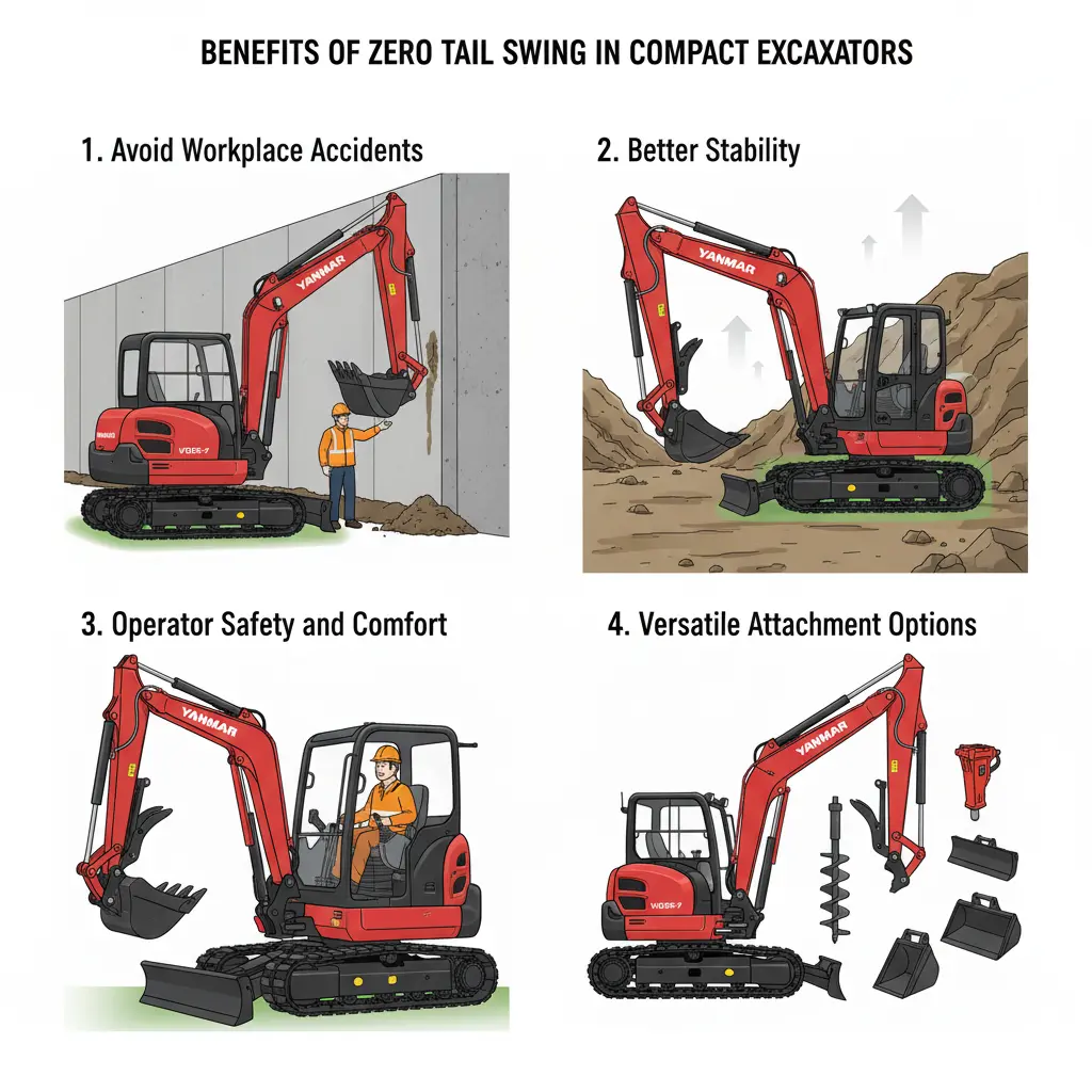 Beneﬁts of Zero Tail Swing in Compact Excavators