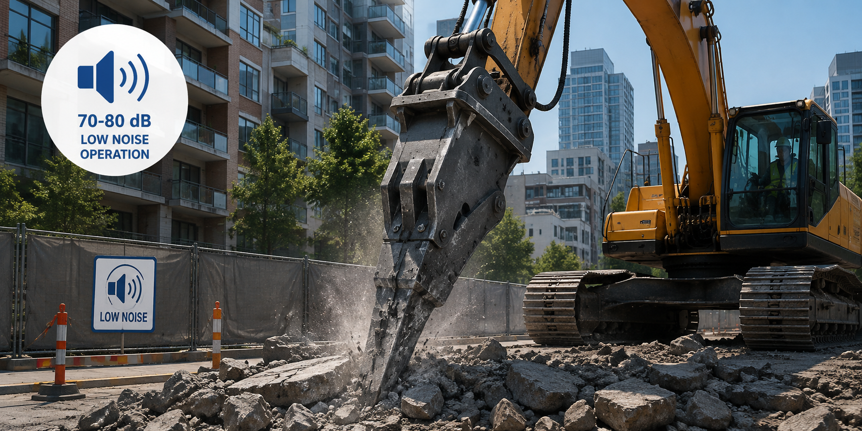 Excavator using a low-noise hydraulic attachment for controlled demolition in an urban area surrounded by residential and commercial buildings.