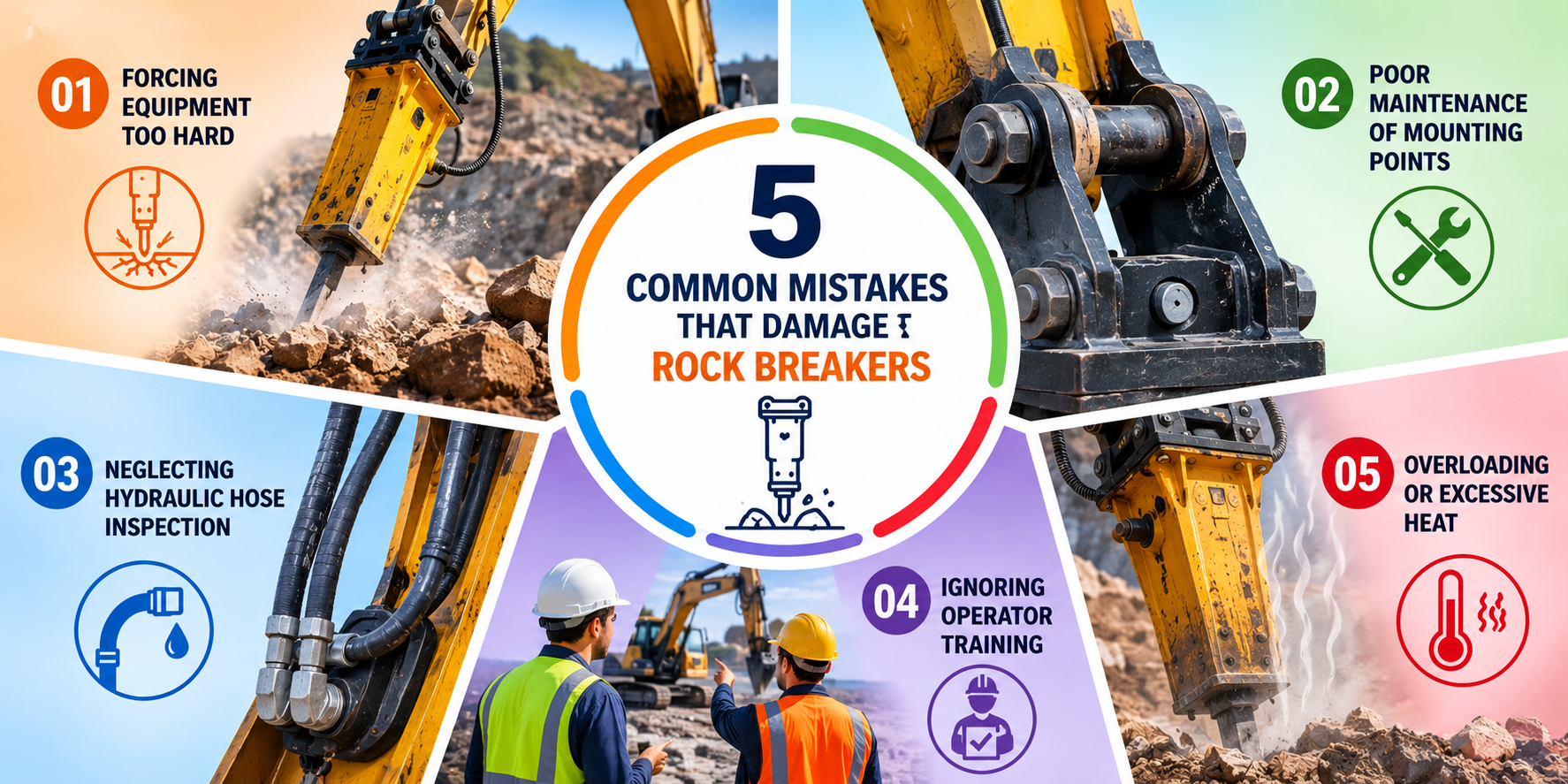 five common mistakes that can damage rock breakers, including forcing equipment too hard, poor mounting maintenance, neglected hydraulic hose inspection, inadequate operator training, and excessive heat.