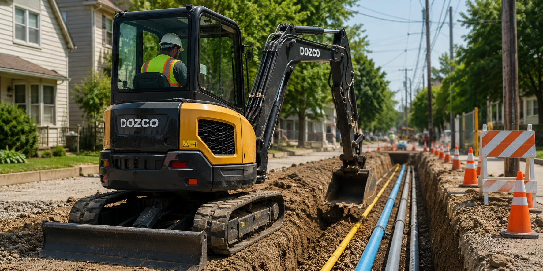 Compact zero-tail-swing mini excavator digging a utility trench with water, gas, and electrical pipes in a residential area, demonstrating precise and safe underground utility construction.