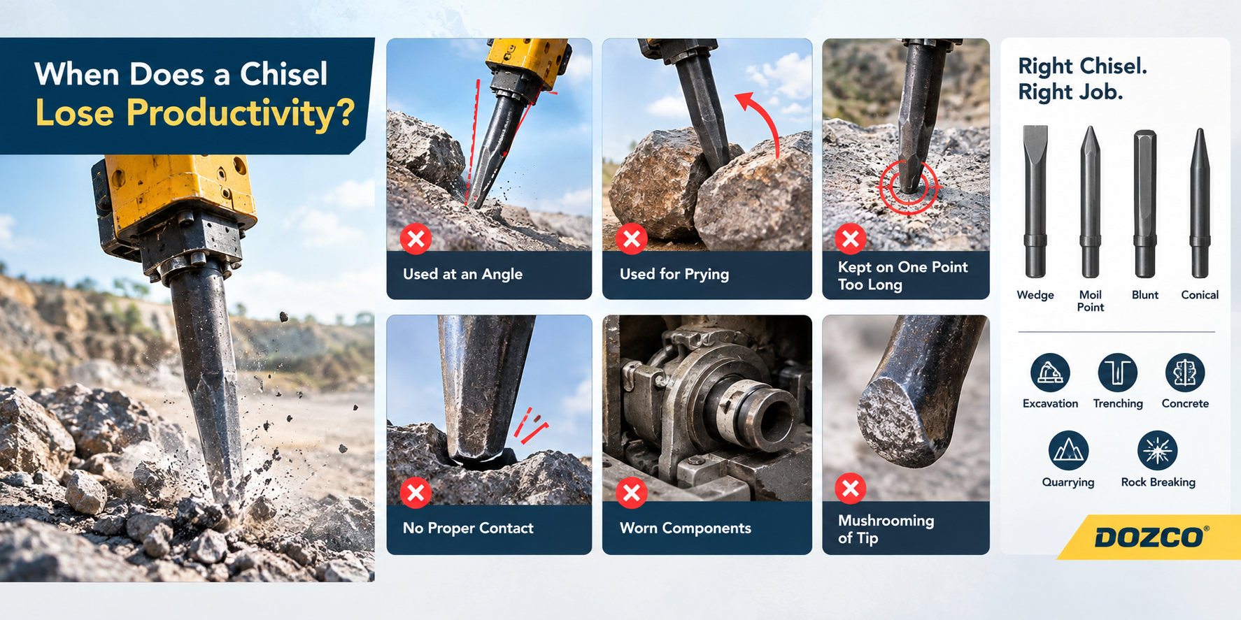 Hydraulic rock breaker chisel showing common causes of productivity loss, including angled use, prying, poor contact, worn components, and tip mushrooming.
