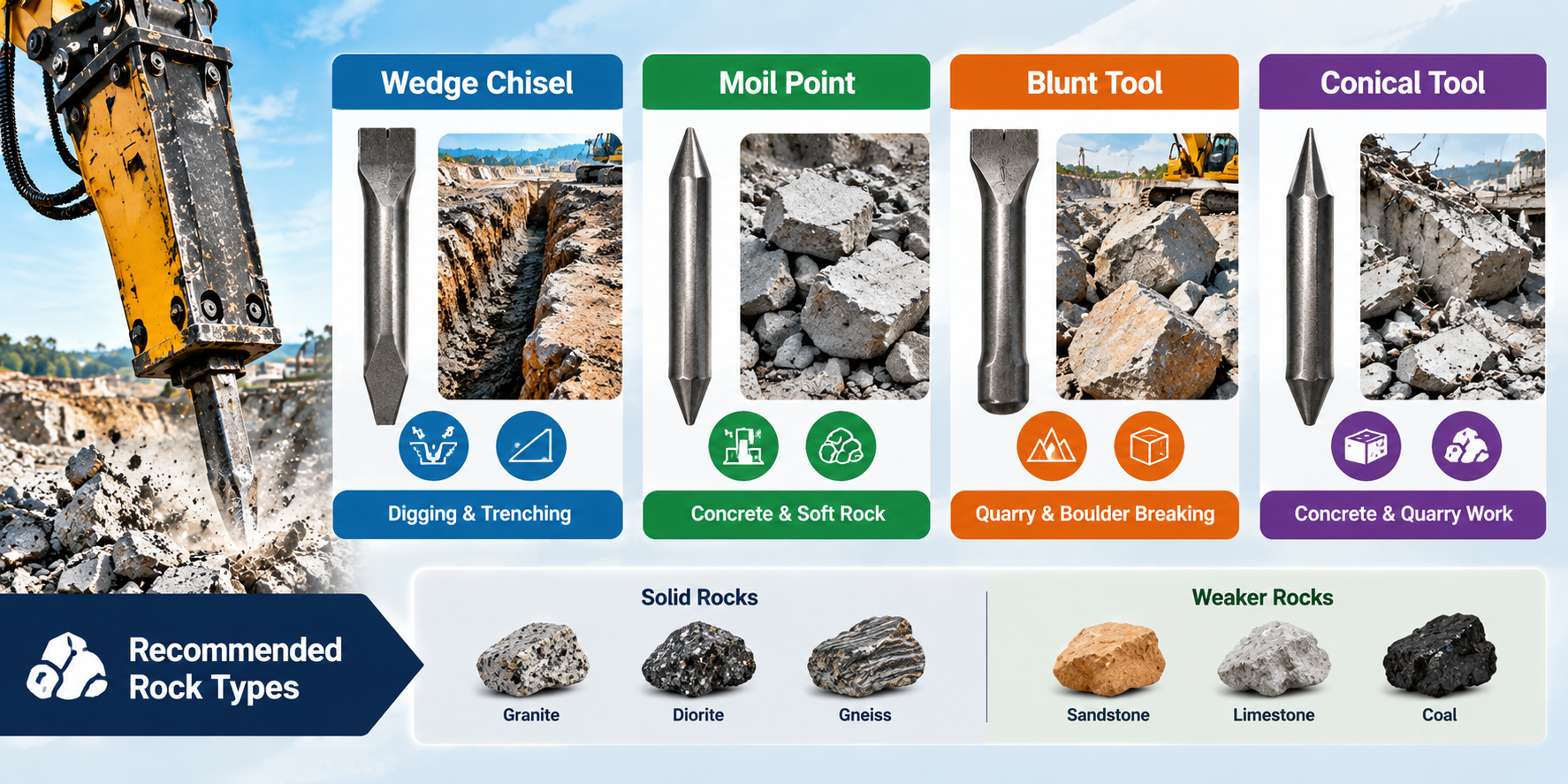 four rock breaker chisel types—wedge chisel, moil point, blunt tool, and conical tool—with their applications and recommended rock types.