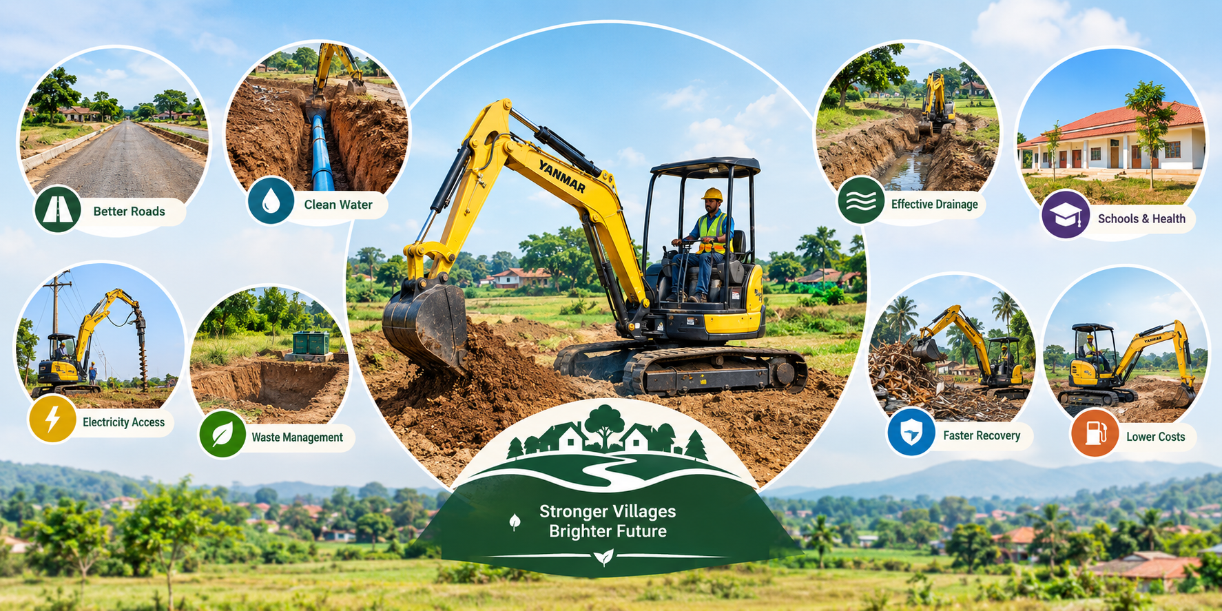 Yanmar mini excavator supporting rural infrastructure through road construction, clean water, drainage, electricity, waste management, and faster village development.