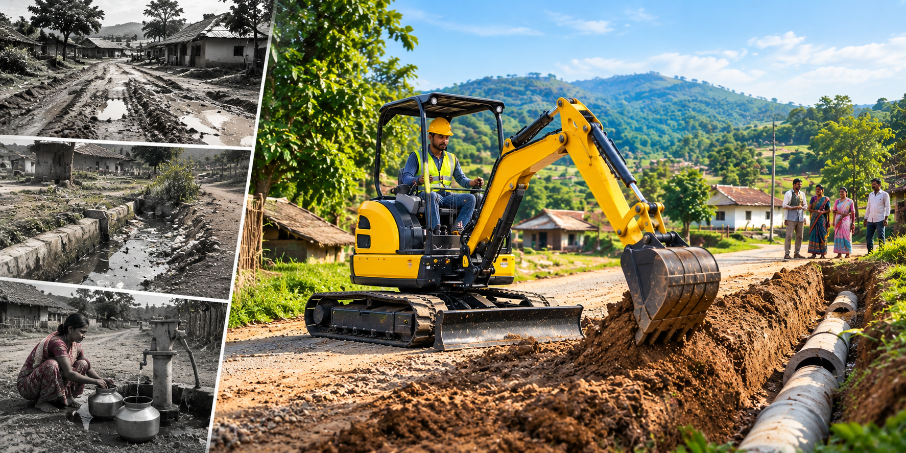 Mini excavator improving village infrastructure by constructing roads, drainage systems, and water pipelines in a rural Indian village.