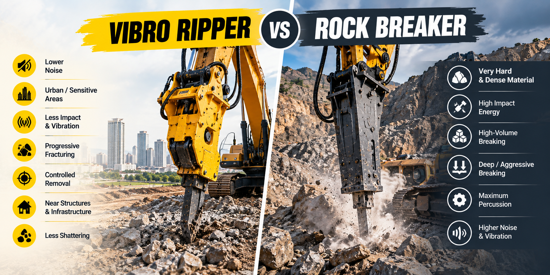 a vibro ripper for low-noise, low-vibration, controlled excavation near structures with a rock breaker for hard, dense material, high-impact energy, deep breaking, and high-volume rock removal.