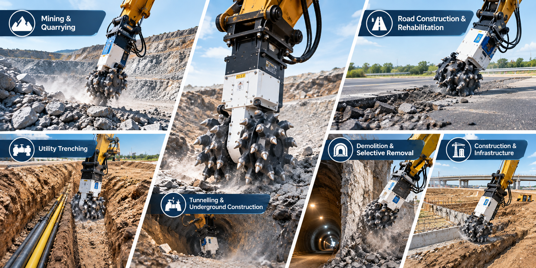 KEMROC-DOZCO drum cutter excavator attachment used for mining, road construction, utility trenching, tunnelling, demolition, and infrastructure projects.