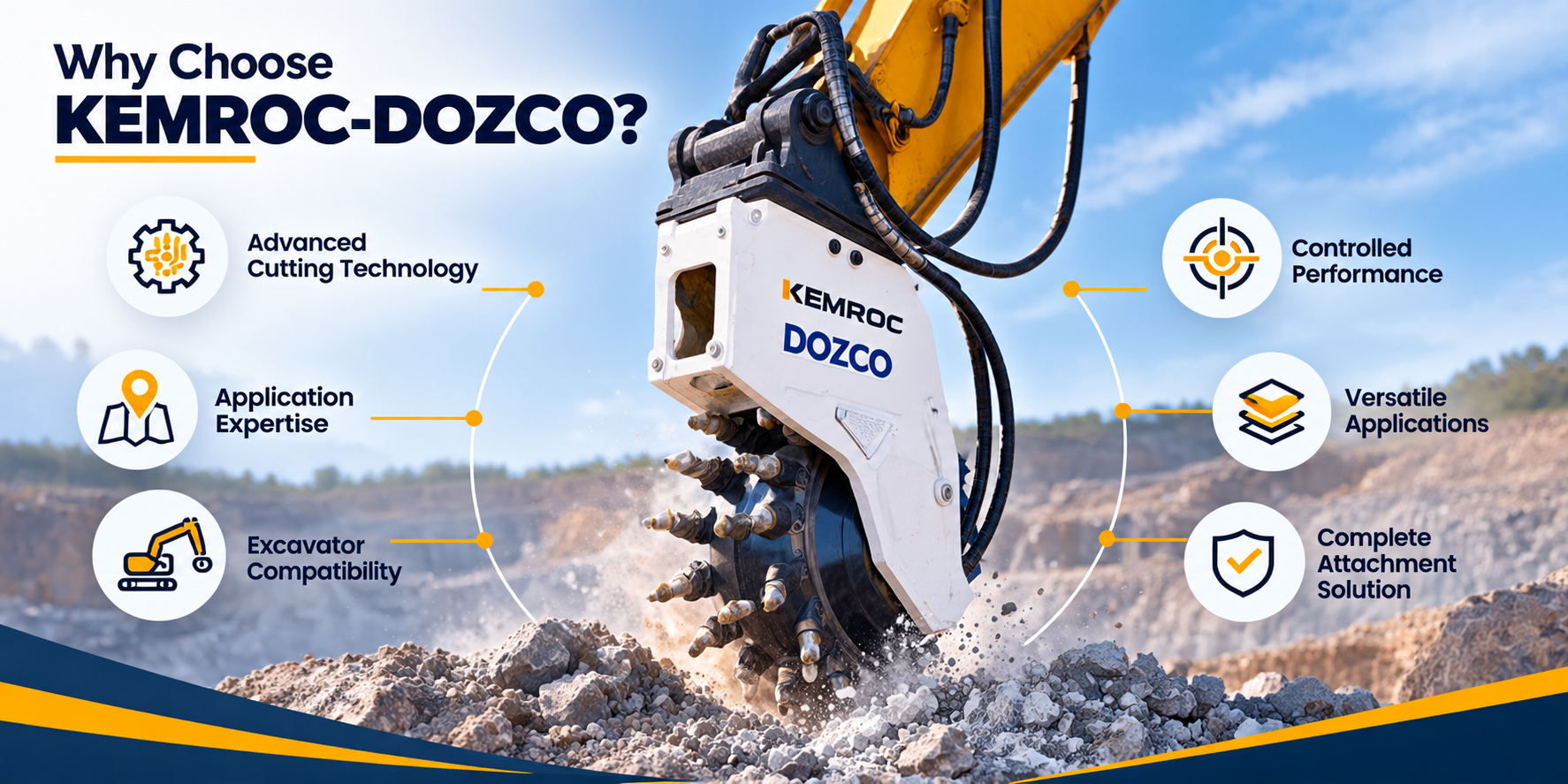 KEMROC-DOZCO excavator drum cutter demonstrating advanced cutting technology, controlled performance, excavator compatibility, and versatile applications.