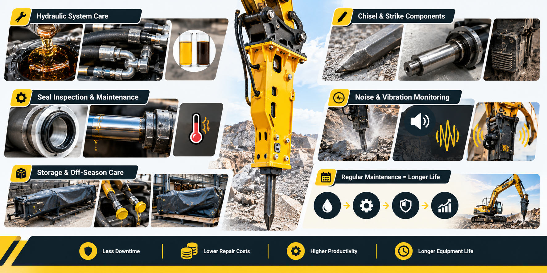 Hydraulic System Care Hydraulic fluid is the lifeblood of your breaker. Dirty fluid causes everything to fail faster. Abrasive particles scratch pistons. Contaminated fluid reduces lubrication. The system overheats. One thing leads to another, and suddenly your breaker is dead. Change the main hydraulic oil according to your equipment schedule. Most DOZCO breakers need oil changes at reasonable intervals. Don't wait longer. Better to change it early than deal with a seized piston. The fluid itself isn't expensive. The repairs are from using dirty fluid. Check fluid color periodically. Good hydraulic oil looks clear or amber. If it's dark and dirty, something's wrong. "Milky-looking" means water got in there. Either way, drain it and fill it with fresh oil right away. Keep the hydraulic lines clean. Dirt entering the system causes problems. When you're replacing hoses or connections, work in a clean area. Cover openings with plugs. Don't let dust fall into the hydraulic circuit. Five minutes of care prevent hours of repairs. Chisel and Strike Components The chisel takes a beating. It's the business end hitting rocks and concrete repeatedly.(change this wordings) Expect chisels to wear out. Chisels wear out. That's just how it is. When yours gets dull or cracked, swap it for a new one. A worn chisel means your breaker has to hit more times to break the same rock. Your breaker works harder. Fuel consumption increases. Efficiency drops. DOZCO offers different chisel types for different applications. Learn which ones work best for your material. Use the wrong chisel for your material, and you're just wasting energy. You'll wear stuff out faster than you need to. Inspect the impact piston regularly. This is the component that actually strikes the chisel. Look for cracks or deformation. A damaged piston loses striking power. Replace it before it completely fails. Keep dirt and debris off the strike area. Let dust pile up, and your breaker gets too hot. Make sure the cooling fins stay clear. Seal Inspection and Maintenance Hydraulic seals prevent leaks. When seals fail, fluid escapes (hydraulic oil leaks). The system loses pressure. Your breaker stops working. Early seal failure usually comes from contaminated fluid (hydraulic oil) or excessive heat. Keep fluid clean. Monitor temperature. Look for weeping around the piston rod. A little seepage is normal sometimes. Steady dripping means the seal is failing. Don't wait. Replace it soon. A new seal costs far less than a destroyed piston. Temperature matters for seals. Excessive heat breaks them down faster. If your breaker runs hot during normal operation, something else is wrong. Low fluid, dirty filters, or heavy use without rest. Address the root cause. Noise and Vibration Monitoring Your breaker has a normal sound. You know what it is. When the sound changes, pay attention. Grinding noises mean internal component wear. Squealing indicates fluid pressure issues. Rattling suggests loose bolts or worn bearings. None of these are normal. Investigation is required. Vibration tells you things too. Normal operation creates vibration, but your excavator handles it. Excessive vibration transmitted to the machine means something is loose. The dampening system isn't working right. Or internal components are damaged. Get it checked. Storage and Off-Season Care When you're not using the breaker for extended periods, prepare it for storage. This protects your investment during slow seasons. Drain hydraulic fluid if storing for months. Fill the system with fresh fluid before returning to work. Oil sitting idle can oxidize and degrade. Keep the attachment clean and dry. Cover it if storing outdoors. Keep it clean and dry. Wash it down quickly when you're done. Takes ten minutes and stops rust from forming. When you're storing it for months, disconnect the hoses so fluid doesn't leak everywhere. Cap them off so nothing gets inside. When you plug it back in, if the old adapters look sketchy, grab new ones. Bad connectors cause headaches the second you fire it up. - Discharge the nitrogen gas with the back head, and then push the piston to avoid rust the cylinder. - Assemble the tool and store the hydraulic breaker indoors after applying the grease to every part, especially internal parts of front head. DOZCO's Maintenance-Friendly Design DOZCO engineers their breakers for easy maintenance. Access points are logical. Seals are simple to replace. The ring-bush combined-bush system reduces maintenance compared to older designs. But you still need to do the work. The Anti-Blank Firing ISP (IDLE STROKE PREVENTION) system protects your breaker automatically. It prevents striking when not in contact with material. This reduces unnecessary wear. But it's not an excuse to ignore maintenance. Keep the ABF system clean and functioning properly. Common Maintenance Mistakes Operators make predictable errors. Ignoring small leaks. "It's just a little drip, no big deal." Wrong. Small leaks become big ones. Address them immediately. Running low on hydraulic fluid. You think it still works, just slower. Exactly. Slower work means the pump works harder. Everything overheats. Seals fail prematurely. Keep fluid topped off. Using the wrong oil type. Your breaker needs hydraulic fluid meeting specific standards. Using motor oil or other substitutes destroys seals and pistons. Use the correct fluid. Always. Skipping filter changes. Dirty filters don't cost much to replace. Dirty fluid costs thousands in repairs. Change filters on schedule. Not cleaning cooling fins. Dust blocks heat dissipation. Excessive temperature ruins components. Five minutes with a brush solves this. Cost and Productivity Benefits Proper maintenance saves money. Period. A sealed piston costs less than replacing the entire breaker. Swap a worn chisel for fifty bucks. Ignore it, and your piston fails, which costs thousands. Stay on top of maintenance, or one small problem turns into a disaster. Your equipment produces revenue when it works. Downtime costs money. Preventive maintenance keeps your breaker operational. You lose far less time on maintenance than on emergency repairs. A well-maintained breaker lasts years. Neglected equipment fails in months. The difference is mostly simple regular checks and fluid changes. Easy work that pays for itself many times over. Creating a Maintenance Schedule Write down a schedule. Post it where operators see it. Daily checks. Weekly maintenance. Monthly inspections. Seasonal preparation. Make it routine. Keep records of what you've done. When you replaced seals. When filters are changed. When you addressed problems. Records help you spot patterns. If seals fail every three months, something else is causing premature wear. Train your operators on basic maintenance. They use the equipment daily. They notice problems first. Teaching them what to look for catches issues early. pls create an infographic related to this within 2:1 ratio. pls add only minimal writing into this.