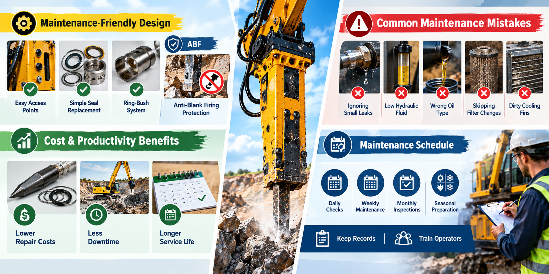 hydraulic rock breaker maintenance practices, including easy access, seal replacement, anti-blank firing protection, avoiding common maintenance mistakes, reducing downtime and repair costs, and following a daily, weekly, monthly, and seasonal maintenance schedule.